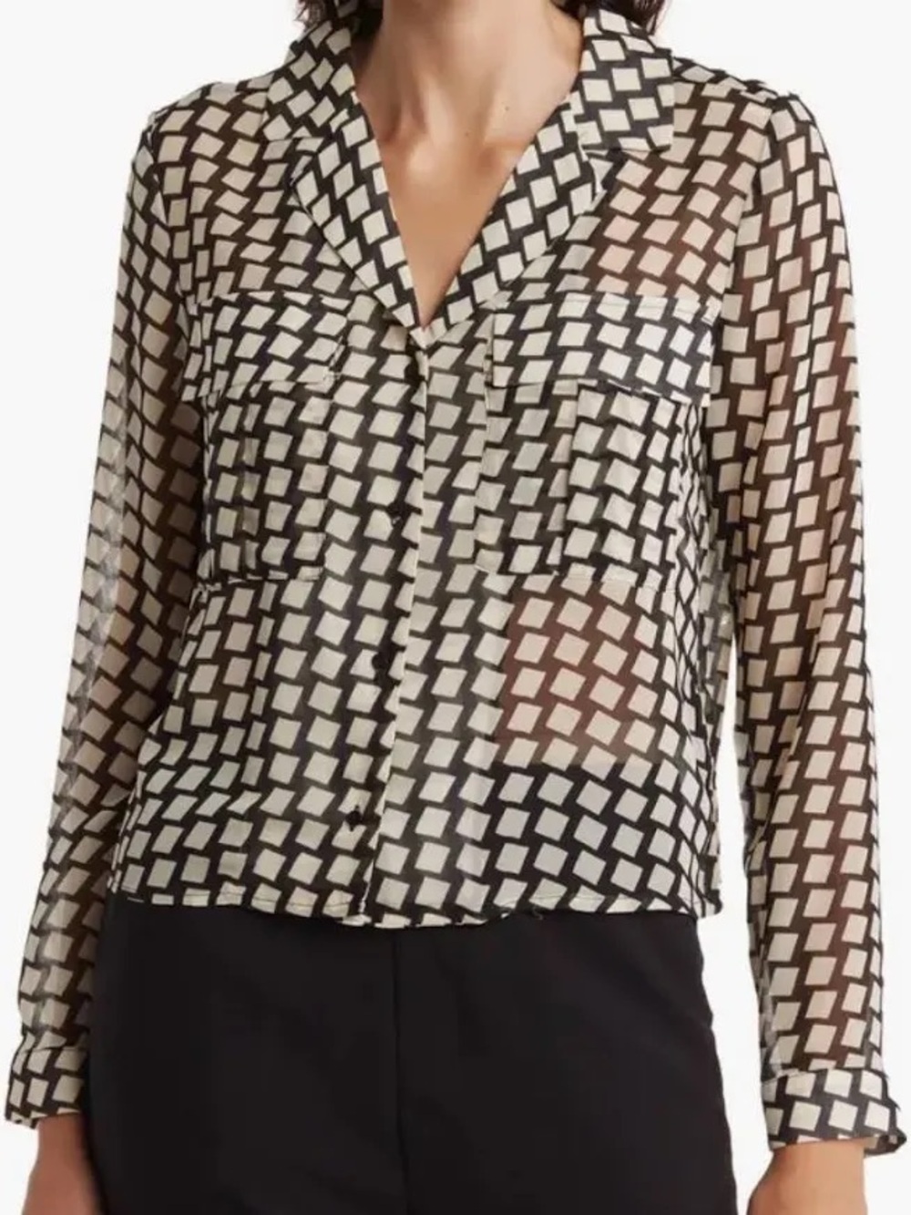 T Tahari Black Cream Geometric Print Button Front Blouse XL NWT